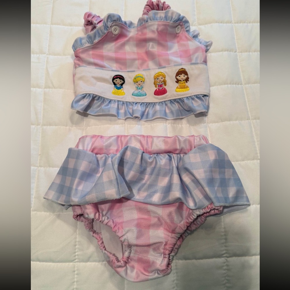 Girls Pink & Blue Check Ruffle Two-Piece Swim Set with Princess Embroidery